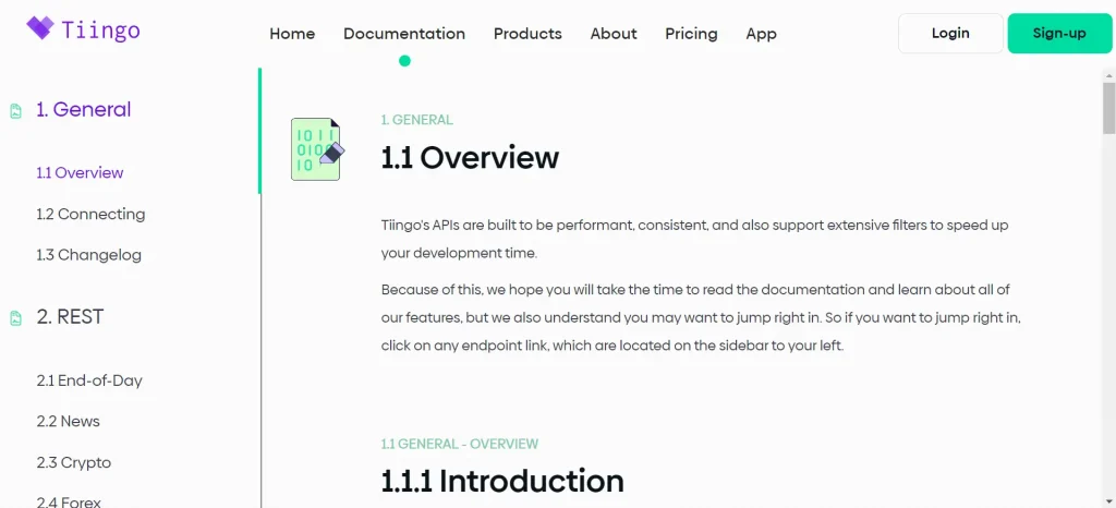 Screenshot highlighting Tiingo's API integration guides and tutorials for developers.